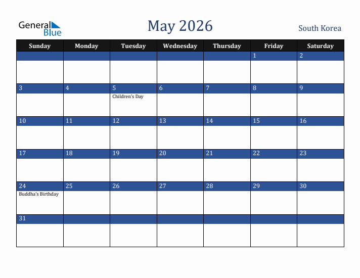 May 2026 South Korea Calendar (Sunday Start)
