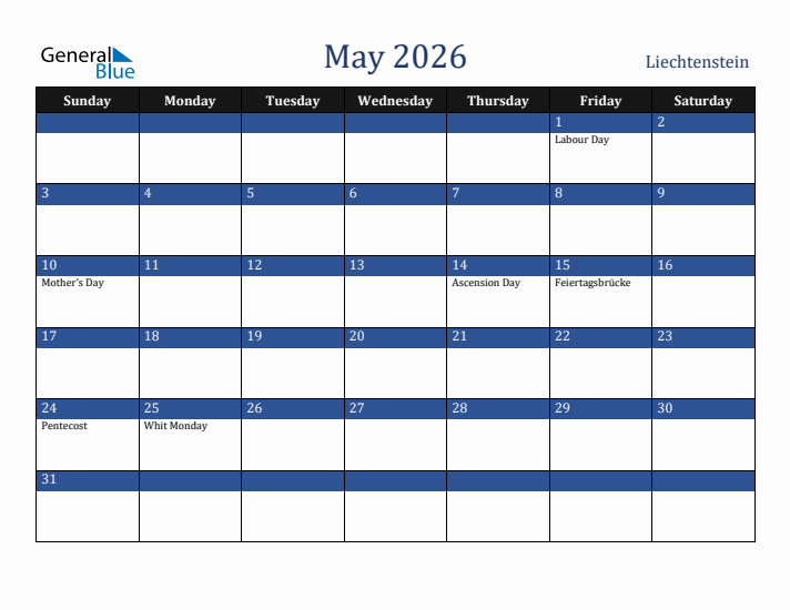 May 2026 Liechtenstein Calendar (Sunday Start)