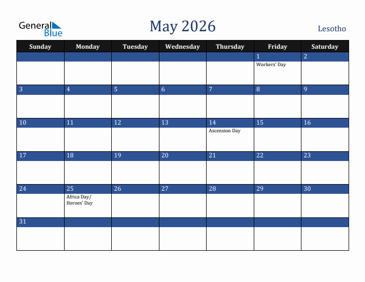 May 2026 Lesotho Calendar (Sunday Start)