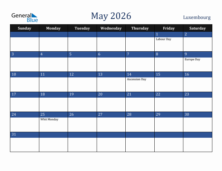 May 2026 Luxembourg Calendar (Sunday Start)