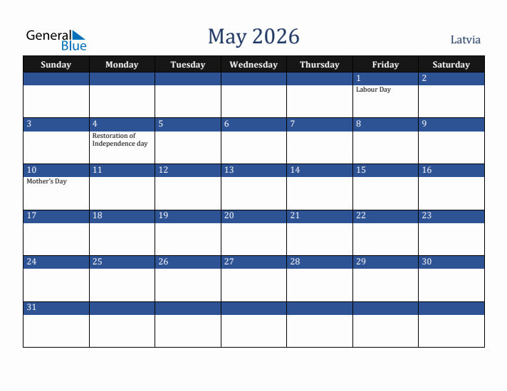 May 2026 Latvia Calendar (Sunday Start)