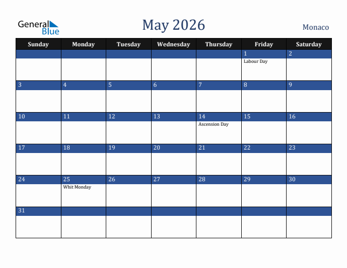 May 2026 Monaco Calendar (Sunday Start)