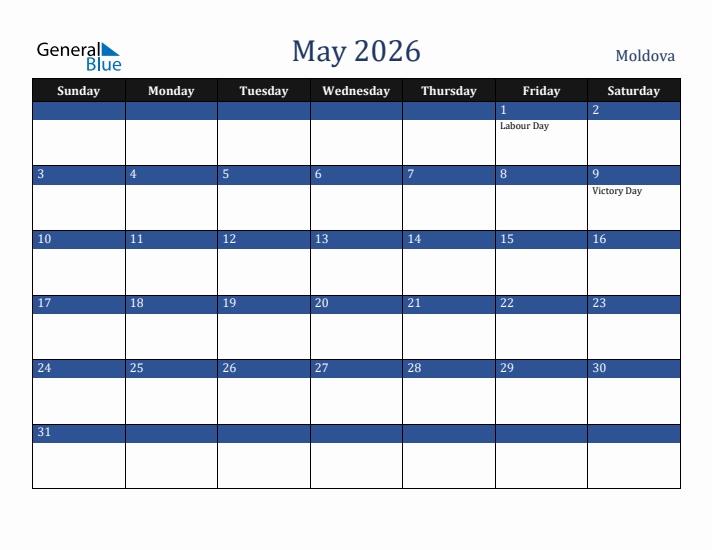 May 2026 Moldova Calendar (Sunday Start)