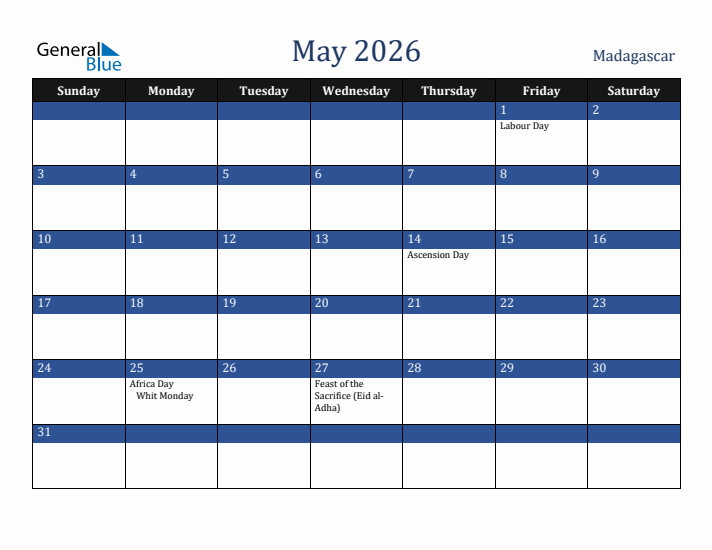 May 2026 Madagascar Calendar (Sunday Start)