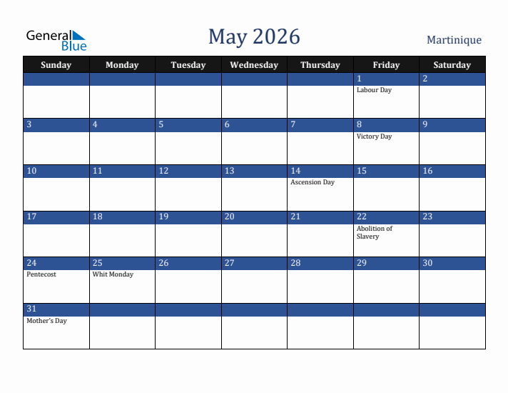 May 2026 Martinique Calendar (Sunday Start)
