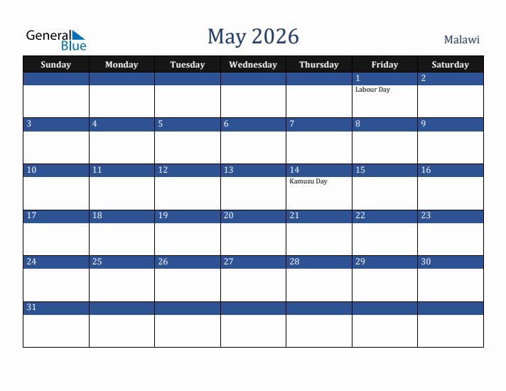 May 2026 Malawi Calendar (Sunday Start)
