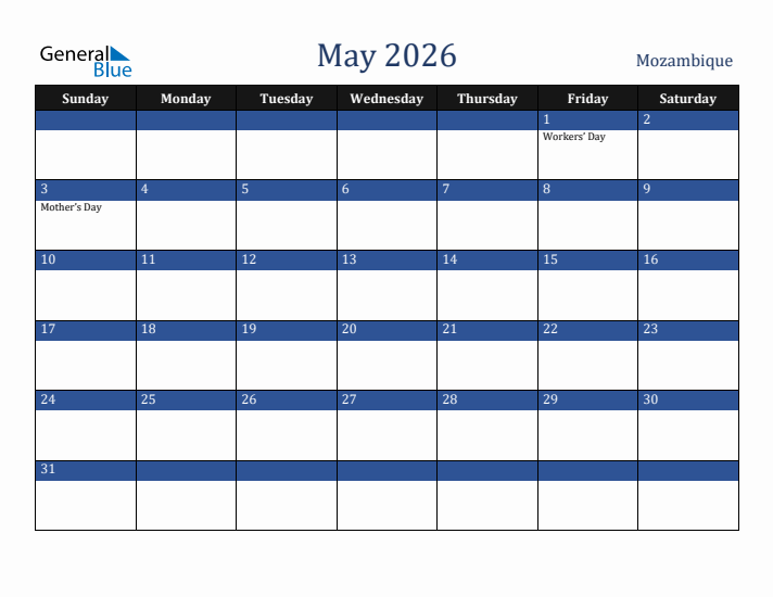 May 2026 Mozambique Calendar (Sunday Start)