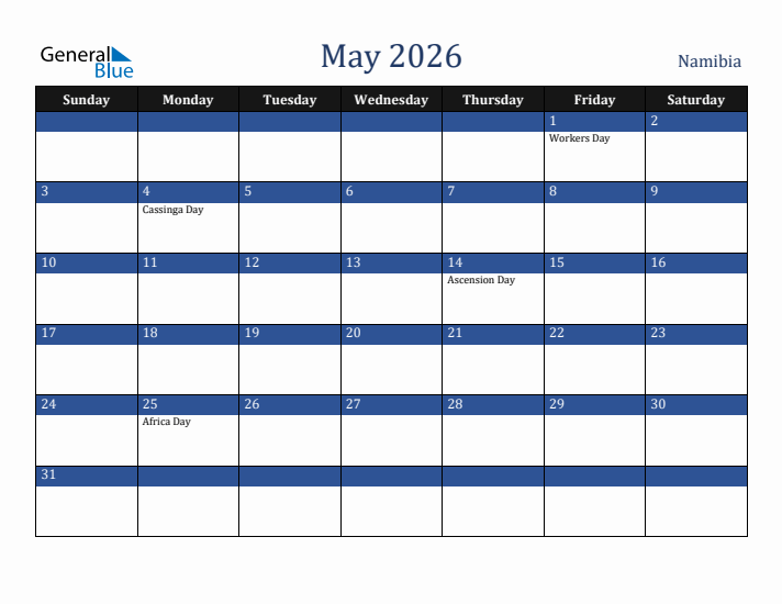 May 2026 Namibia Calendar (Sunday Start)