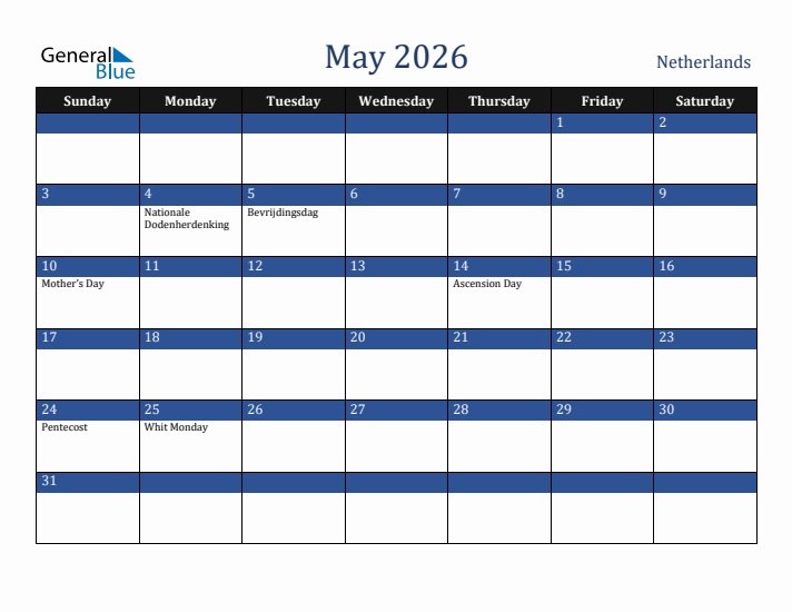 May 2026 The Netherlands Calendar (Sunday Start)