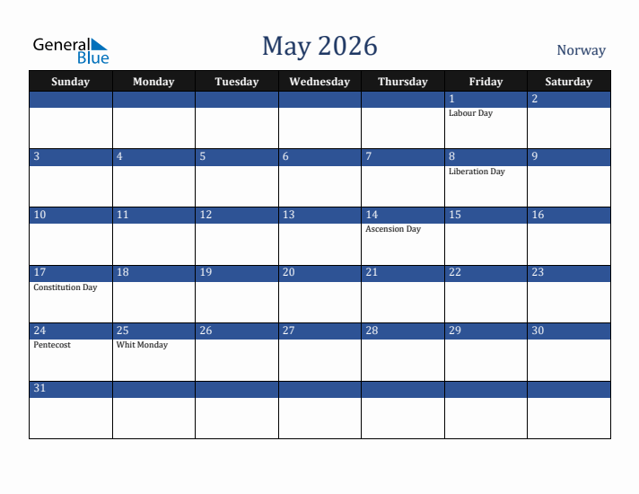 May 2026 Norway Calendar (Sunday Start)