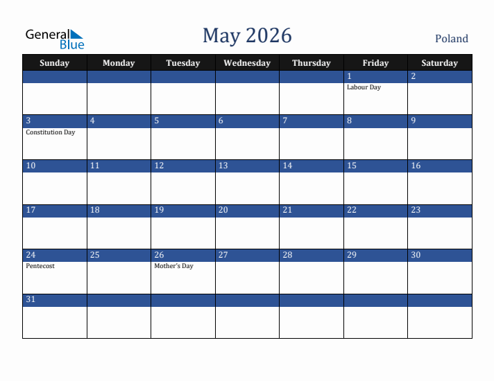 May 2026 Poland Calendar (Sunday Start)
