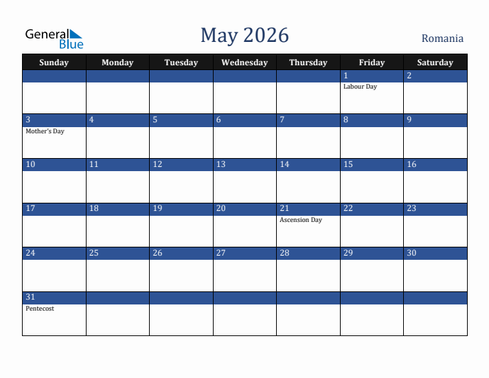 May 2026 Romania Calendar (Sunday Start)