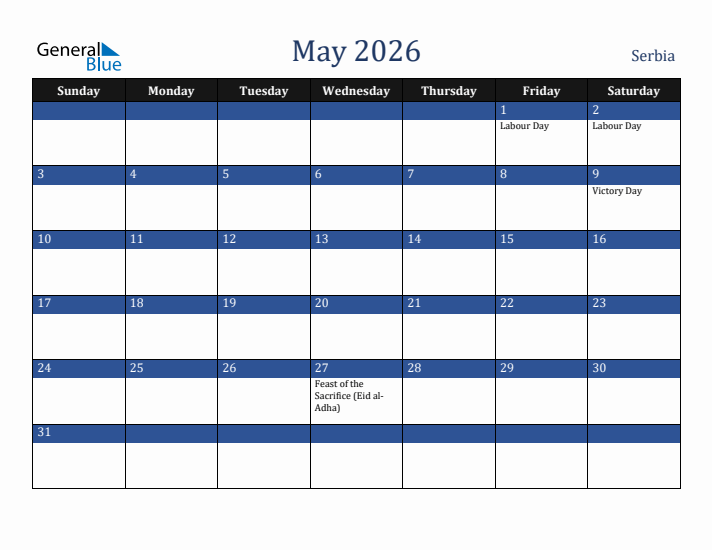 May 2026 Serbia Calendar (Sunday Start)