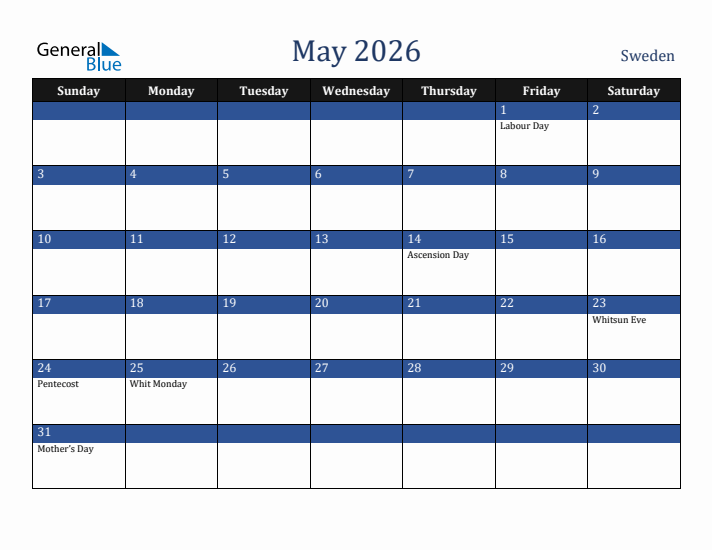May 2026 Sweden Calendar (Sunday Start)