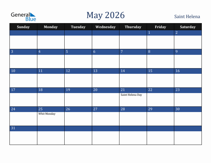 May 2026 Saint Helena Calendar (Sunday Start)