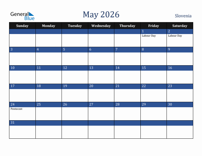 May 2026 Slovenia Calendar (Sunday Start)