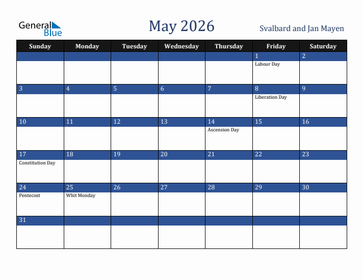 May 2026 Svalbard and Jan Mayen Calendar (Sunday Start)