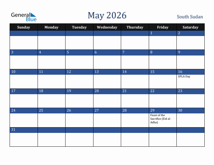 May 2026 South Sudan Calendar (Sunday Start)