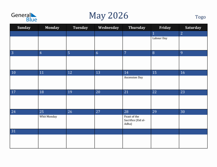 May 2026 Togo Calendar (Sunday Start)