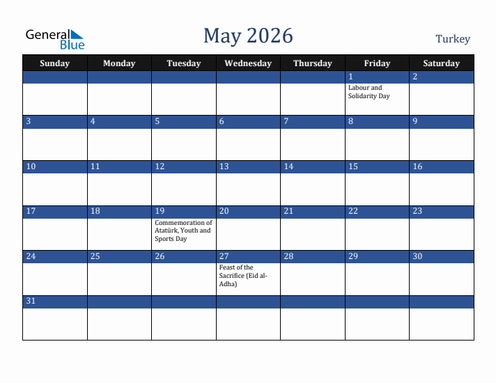 May 2026 Turkey Calendar (Sunday Start)