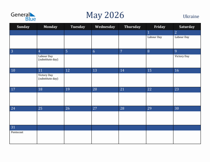 May 2026 Ukraine Calendar (Sunday Start)