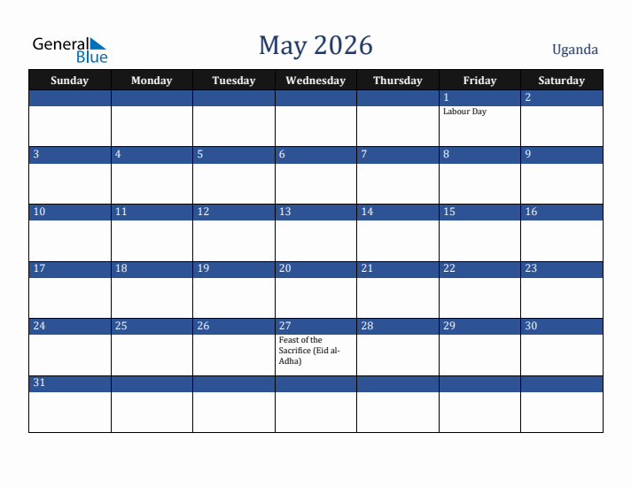 May 2026 Uganda Calendar (Sunday Start)