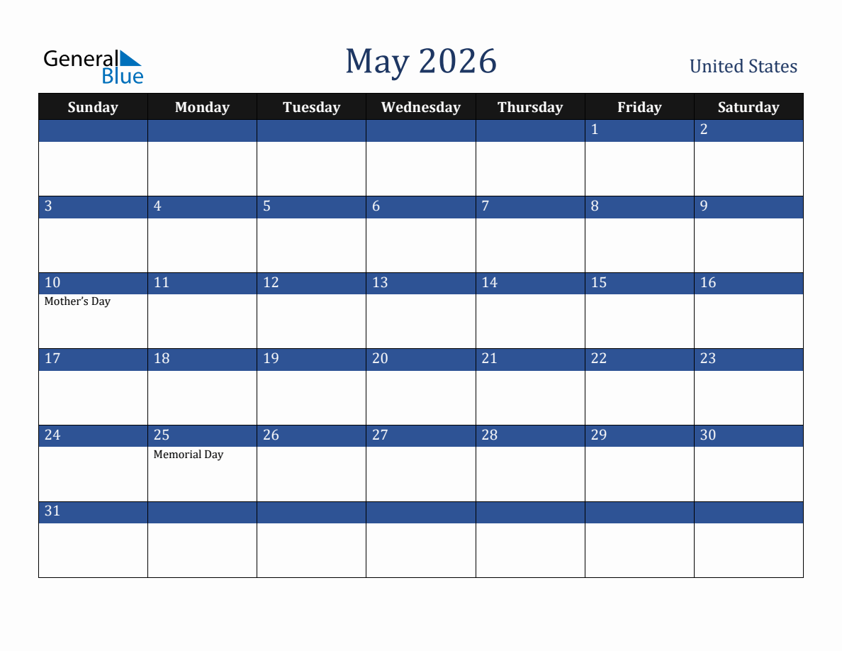 May 2026 United States Holiday Calendar