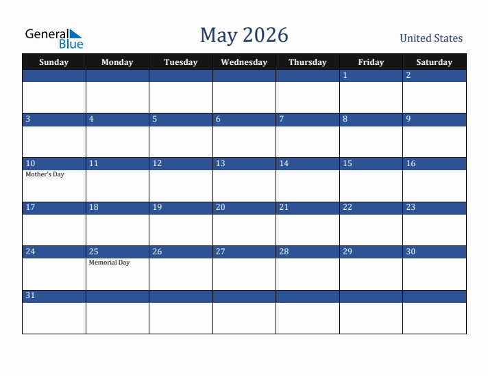 May 2026 United States Calendar (Sunday Start)