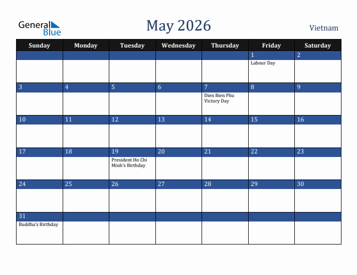May 2026 Vietnam Calendar (Sunday Start)