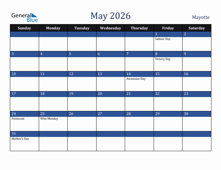 May 2026 Mayotte Calendar (Sunday Start)