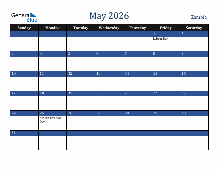 May 2026 Zambia Calendar (Sunday Start)