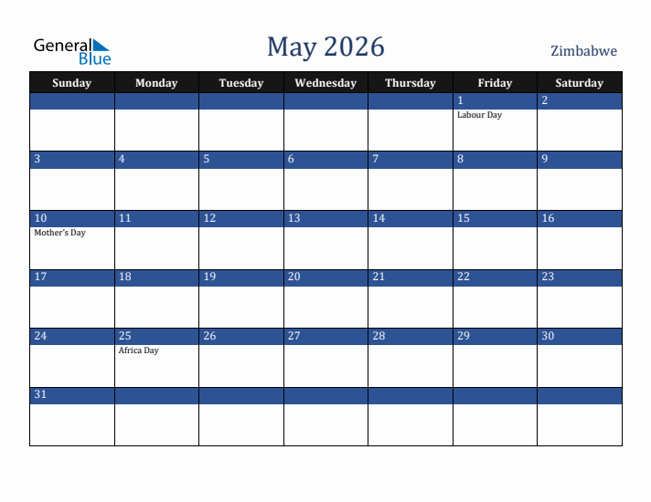 May 2026 Zimbabwe Calendar (Sunday Start)