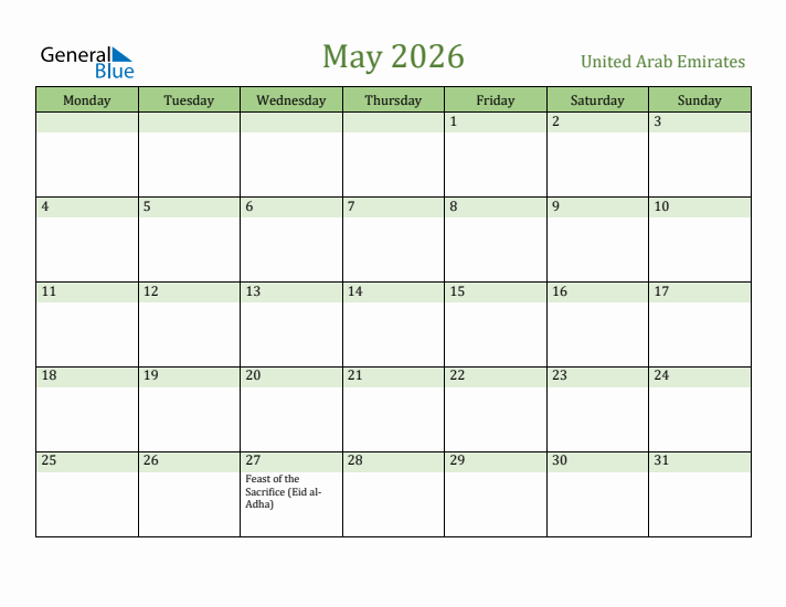 May 2026 Calendar with United Arab Emirates Holidays