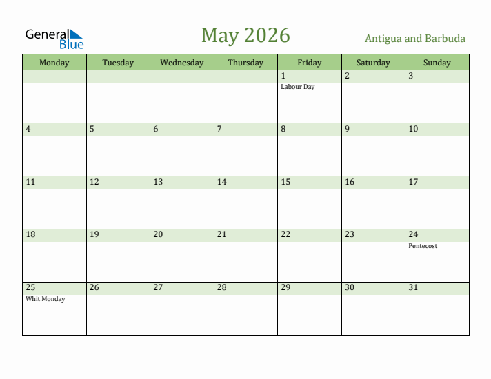 May 2026 Calendar with Antigua and Barbuda Holidays