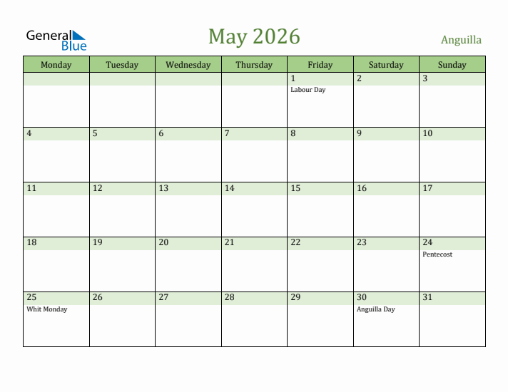 May 2026 Calendar with Anguilla Holidays