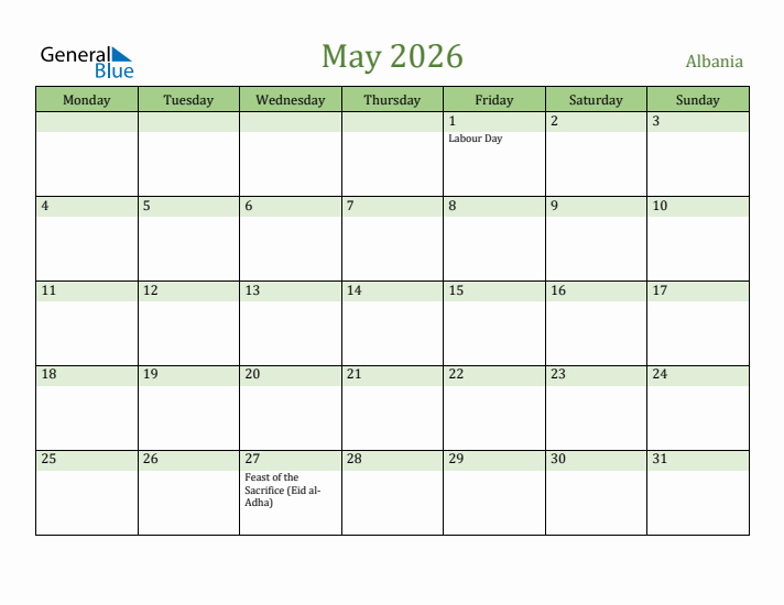 May 2026 Calendar with Albania Holidays