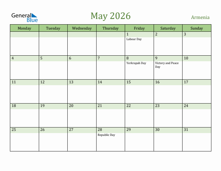 May 2026 Calendar with Armenia Holidays