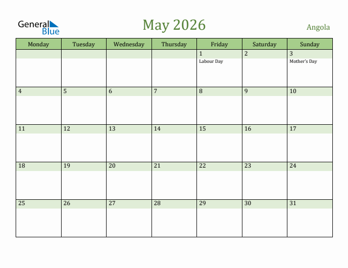 May 2026 Calendar with Angola Holidays