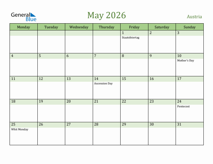 May 2026 Calendar with Austria Holidays