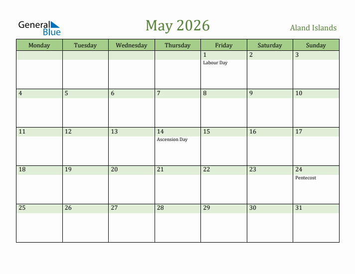 May 2026 Calendar with Aland Islands Holidays