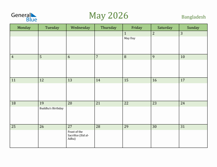 May 2026 Calendar with Bangladesh Holidays