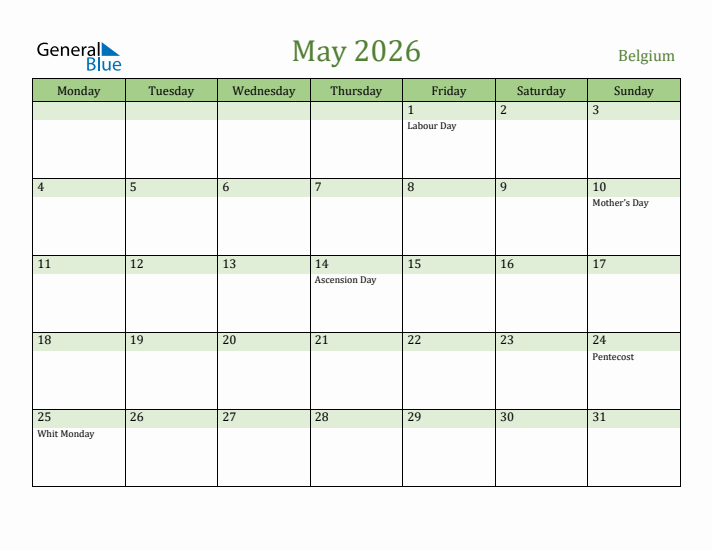 May 2026 Calendar with Belgium Holidays