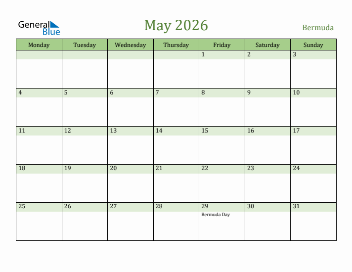 May 2026 Calendar with Bermuda Holidays