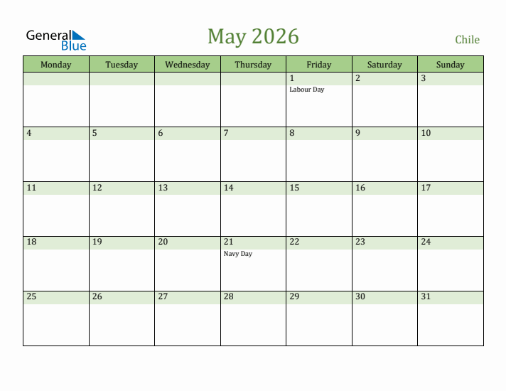 May 2026 Calendar with Chile Holidays