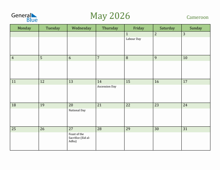 May 2026 Calendar with Cameroon Holidays