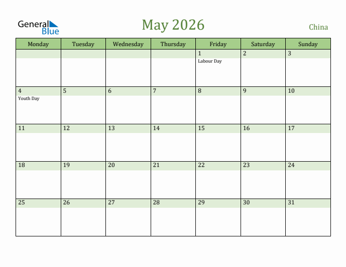 May 2026 Calendar with China Holidays