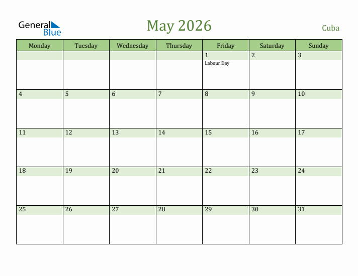 May 2026 Calendar with Cuba Holidays