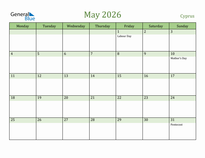 May 2026 Calendar with Cyprus Holidays