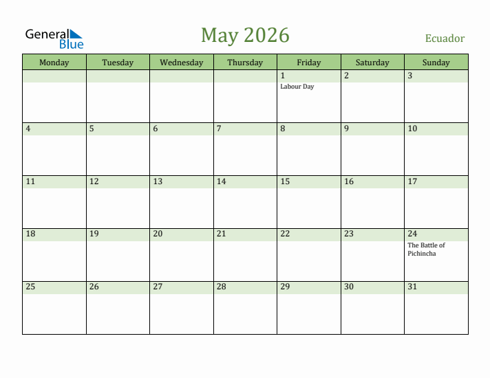 May 2026 Calendar with Ecuador Holidays