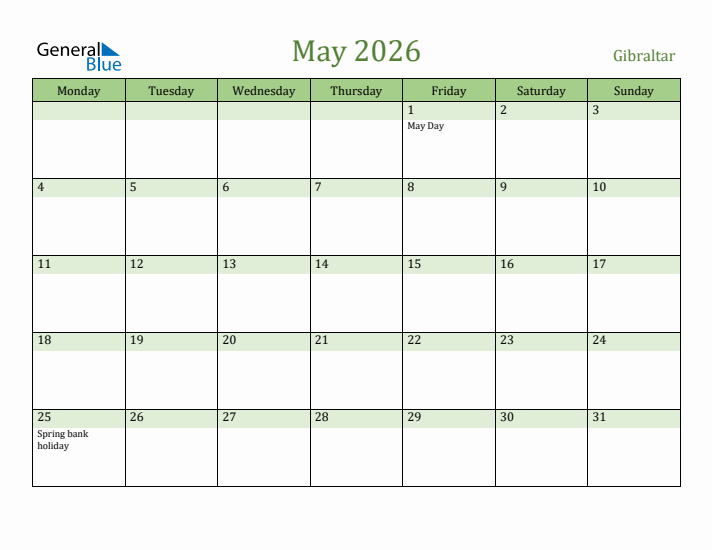 May 2026 Calendar with Gibraltar Holidays